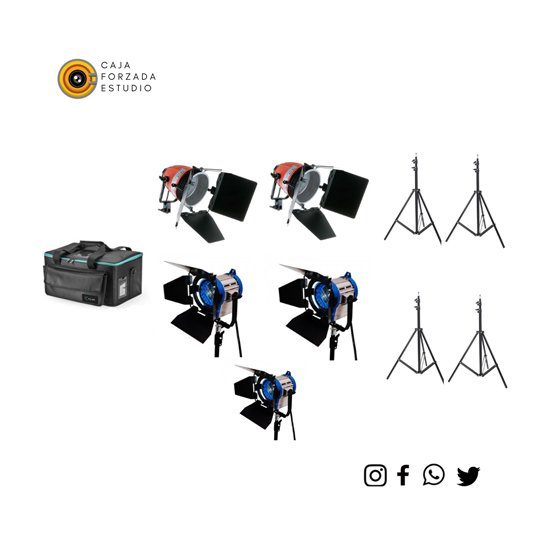 kit continuas básico 2 luces open face 800w tungsteno + 2 fresneles tungsteno 300 w + fresnel tungsteno 150 w Alquiler